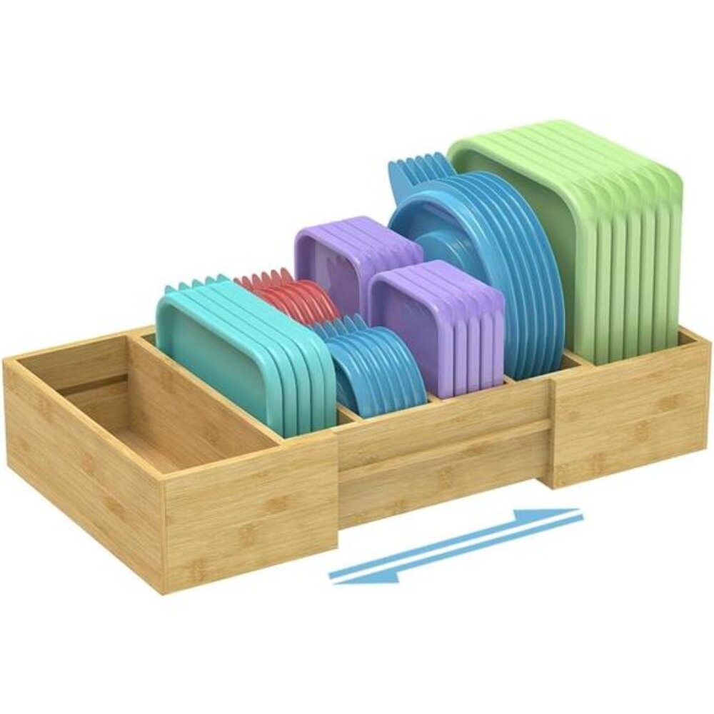 Expandable Kitchen Lid Organizer Bamboo Cabinet Drawer Pantry Storage with Divid